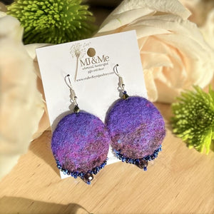 Purple Round Felted and Hand-beaded Earrings