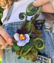 Load image into Gallery viewer, Fiddleheads and Violets Felted Brooch/ Hat Pin