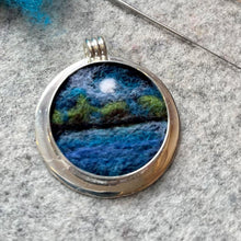 Load image into Gallery viewer, "Full Moon Over the Lake" Miniature Wool Painting Felted Pendant Necklace