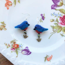 Load image into Gallery viewer, Felted Bluebird Earrings with Honeybee Charm