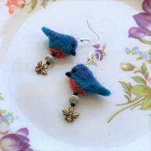 Load image into Gallery viewer, Felted Bluebird Earrings with Honeybee Charm