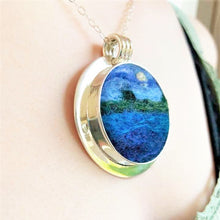 Load image into Gallery viewer, "Full Moon Over the Lake" Miniature Wool Painting Felted Pendant Necklace