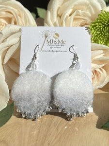 White and Grey Round Felted and Hand-beaded Earrings