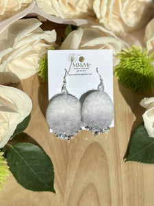 White and Grey Round Felted and Hand-beaded Earrings