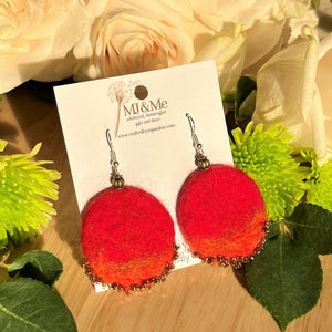 Red with Orange Round Felted and Hand-beaded Earrings