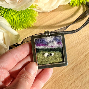 "Pasture at Dusk" Miniature Wool Painting Felted Pendant Necklace