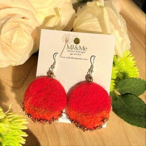 Red with Orange Round Felted and Hand-beaded Earrings