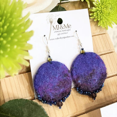 Purple Round Felted and Hand-beaded Earrings
