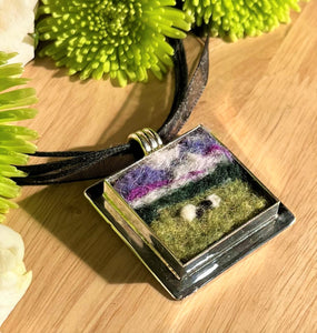 "Pasture at Dusk" Miniature Wool Painting Felted Pendant Necklace