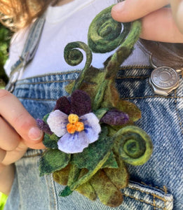 Fiddleheads and Violets Felted Brooch/ Hat Pin