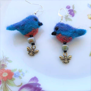 Felted Bluebird Earrings with Honeybee Charm