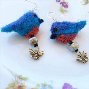 Felted Bluebird Earrings with Honeybee Charm