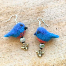 Load image into Gallery viewer, Felted Bluebird Earrings with Honeybee Charm