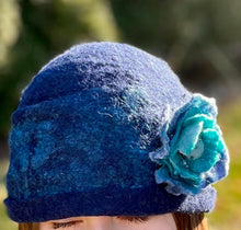 Load image into Gallery viewer, Felted beanie with beaded flower brooch pin