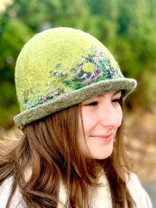 Wool Felted hat with upcycled vintage fabric