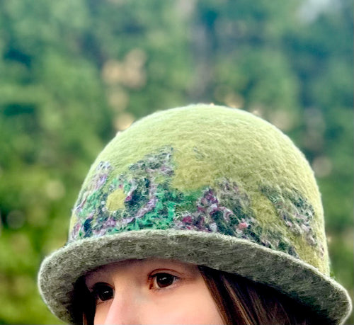 Wool Felted hat with upcycled vintage fabric