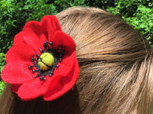Load image into Gallery viewer, Handcrafted Red Poppy Hair/Accessory Pin (Made from Felt fabric that is 100% recycled water bottles!)