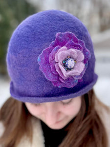 Felted beanie with beaded flower brooch pin
